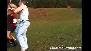 Slutty shemale playing upon 2 cocks
